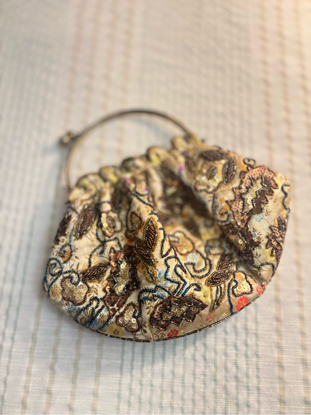 Embroidered Beaded Drawstring Clutch in Cream and Brown